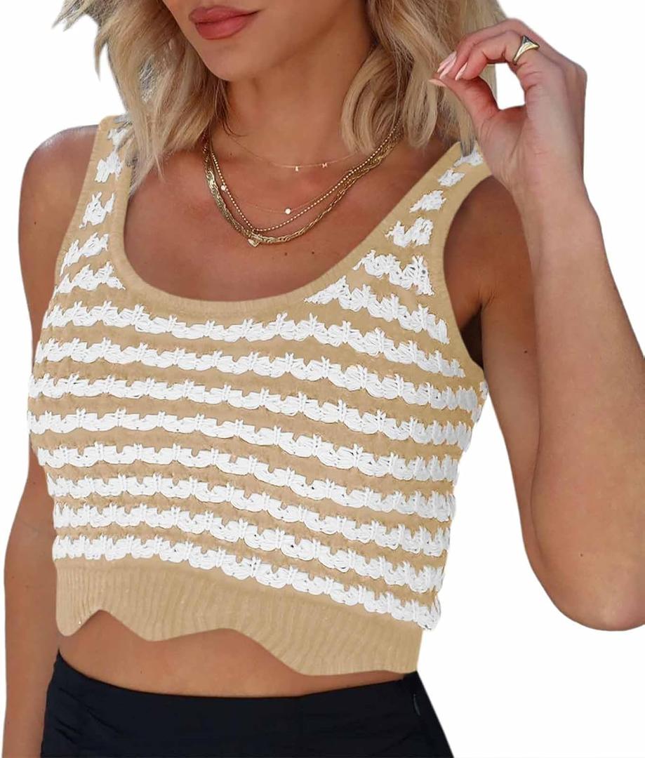 Saodimallsu Womens Striped Crop Tank Top Scoop Neck Going Out Summer Sexy Y2k Sleeveless Crochet Cotton Knit Slim Shirts (Small, Khaki)