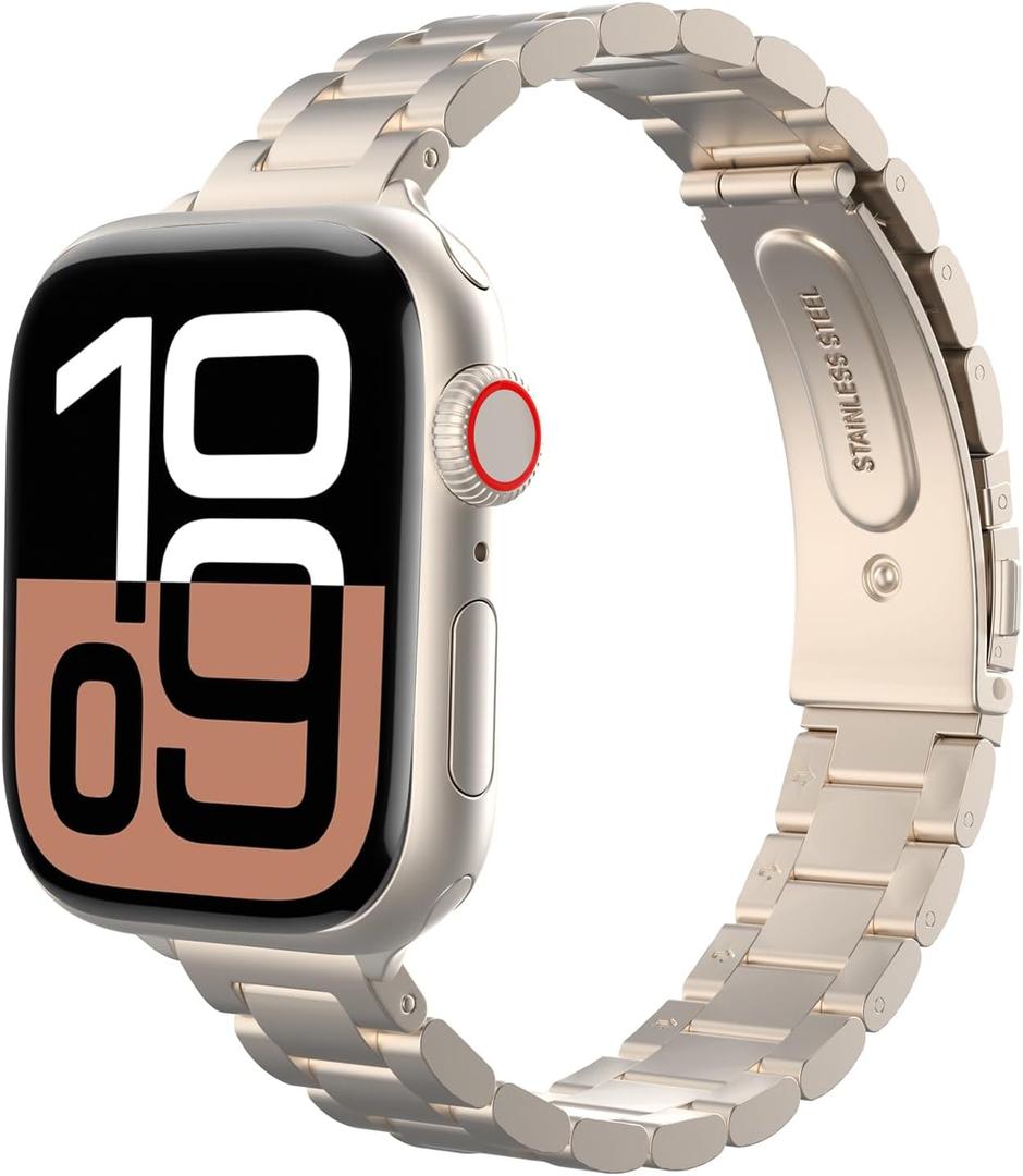 Astorgos Slim Metal Band Compatible with Apple Watch Series 10 42mm, 9/ 8/ 7 41mm, SE2/ SE/ 6/ 5/ 4 40mm, 3/ 2/ 1 38mm, Stainless Steel Thin Band Replacement Strap iWatch Wristband for Women, Starlight