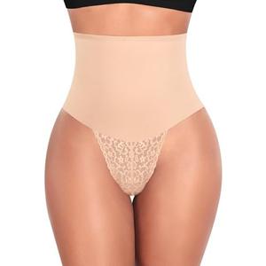 Werena Tummy Control Thong Shapewear for Women Mid High Waisted Body Shaper Underwear Lace Shaping Thong Girdle Panties S