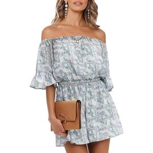 EXLURA Women's Summer Floral Romper Dress Off Shoulder Ruffle Elastic Wasit Wide Leg Shorts Jumpsuit Vacation Beach 2025 (XX-Large)