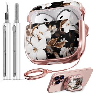 Inesore with Safety Lock for AirPods 4 Case,Clear Floral Cute AirPod 4th Generation Case for Women Girly with Cleaner Kit and Keychain-Black+Gold Black Gold Flower