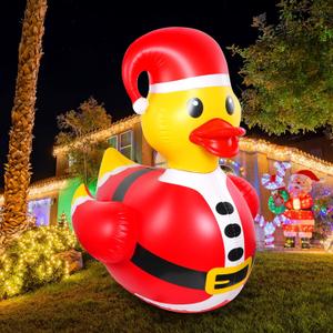 1 Pcs 4.6 Feet Christmas Giant Inflatable Snowman Duck Outdoor Decorations,Huge Blow Up Yard Yellow Duck with Red Snowman Cloth Pool Float for Indoor Christmas Holiday Party Garden Patio Lawn Decor 