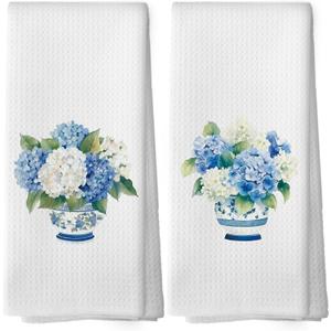 Chinoiserie Vase Floral Kitchen Dish Towels Set of 2, Blue and White Porcelain Hydrangea Gifts for Women, Spring Flower Hand Towels Kitchen Bathroom Tea Towels Decorations, 16x24inch (Color03)