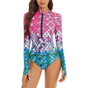 Women One Piece Long Sleeve Rash Guard UV Protection Surfing Swimsuit Swimwear Bathing Suit (Large, Mermaid Color)
