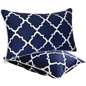 JMGBird Water-Resistant Outdoor Pillows Set of 2, 12x20 inch Durable Navy Blue Grid Pattern Throw Pillows with Inserts for Patio Furniture (Blue and Black)
