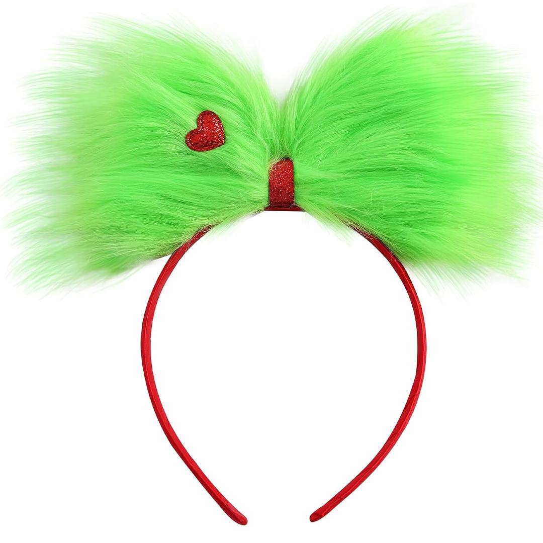 JiaDuo Large Green Furry Hair Bow Headband for Women Red Heart Headwear Hair Accessories Party Favors