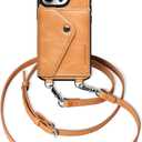 LUCKYCOIN for iPhone 16 Pro Leather Wallet Case,Brown Crossbody Phone Case | with Adjustable Removable Wrist Strap,with Card Holder,Crossbody Lanyard Case,for Woman,Travel Flip Phone Purse Case (TAN)