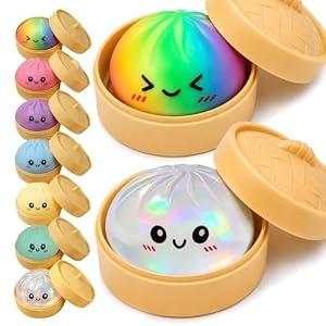 2PCS Rainbow Dumpling Squishies Toys with Food Steamer,Sparkly Squeeze Dough Fidget Sensory Stress Balls,Hand Desk Toys for Stress Relief Squishies Dumpling Gifts,Rainbow&Clear