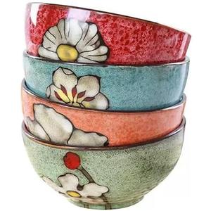 Ceramic Bowls For Kitchen, 28oz - Bowl Set of 4 - For Cereal, Salad, Pasta, Soup, Ramen, Serving etc - Dishwasher, Microwave, and Oven Safe - For Breakfast, Lunch and Dinner (Blue+Red+Green+Pink)