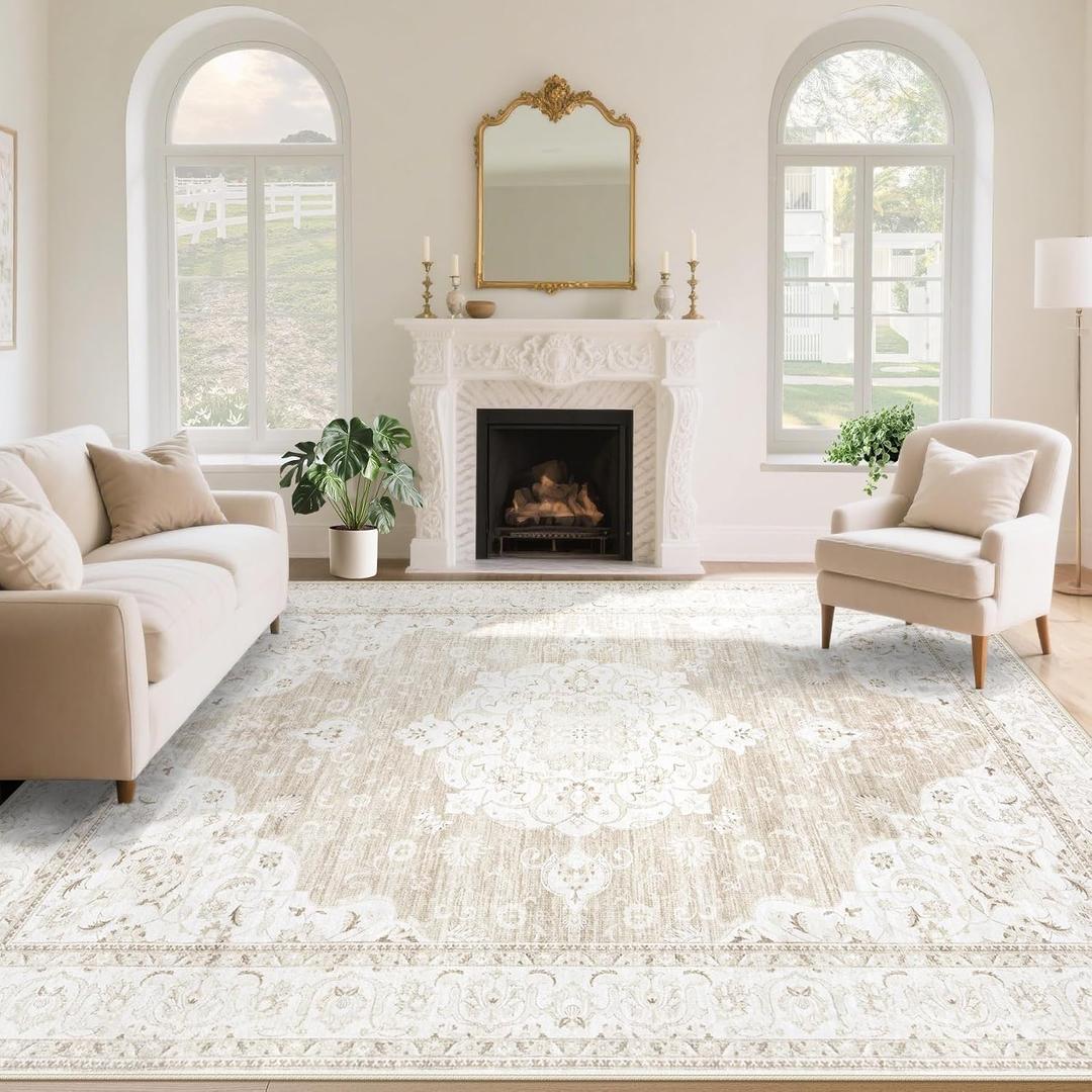 Vintage Living Room Area Rug - 8x10 Large Machine Washable Boho Moroccan Rug Distressed Farmhouse Rugs for Bedroom - Soft Non-Slip Indoor Carpet for Dining Room Office Nursery(Boho Beige, 8'x10')