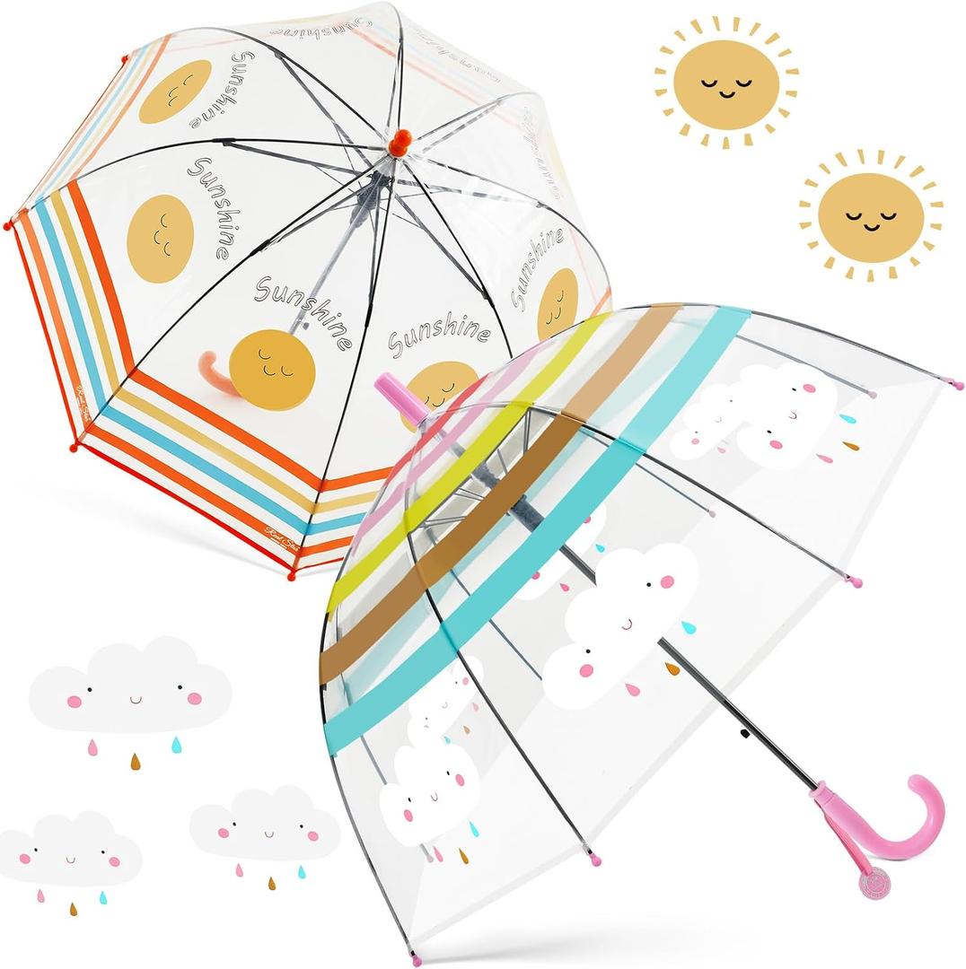 Fabbay 2 Pcs Kids Clear Bubble Umbrella with Easy Grip Curved Handle Transparent Bubble Umbrella for Toddler Girls