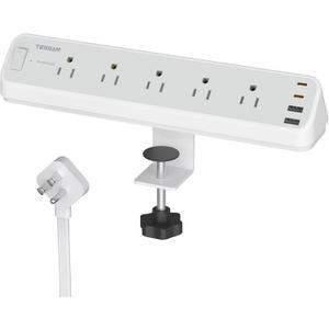TESSAN Desk Clamp Power Strip 6 Ft, 2100J Surge Protector Desk Charging Station, 5 Outlets with 4 USB Ports (2 USB C), Flat Plug Extension Cord with Multiple Outlets for Home Office Dorm Room, Grey