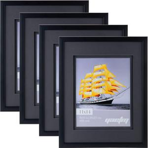 Yaetm 11x14 Double Floating Mat Picture Frame Set of 4, Display Picture 8x10 with Black Double Mat, Polished High Definition Tempered Glass, Wall Mounting Photo Frames, Black/Black