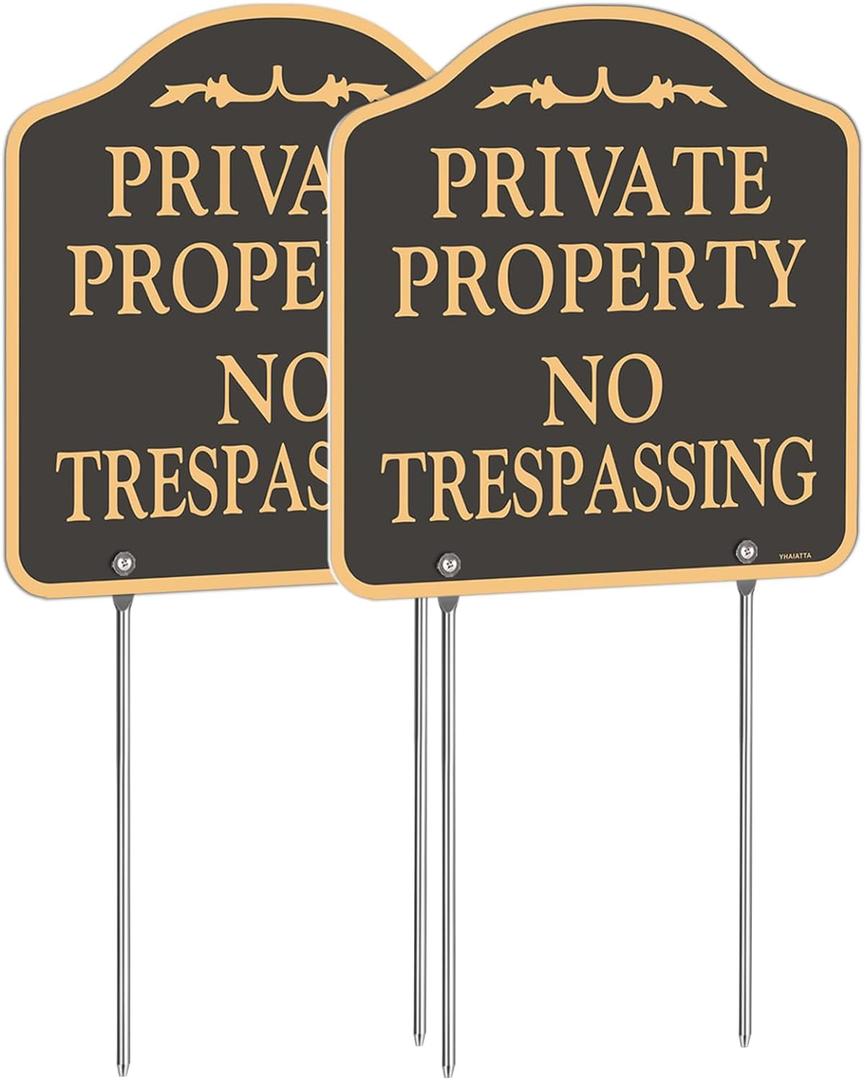 Large (2 Pack) No Trespassing Signs Private Property, Metal, Aluminum, Includes Metal Yard Stakes for Easy Installation, 12x12 Inches