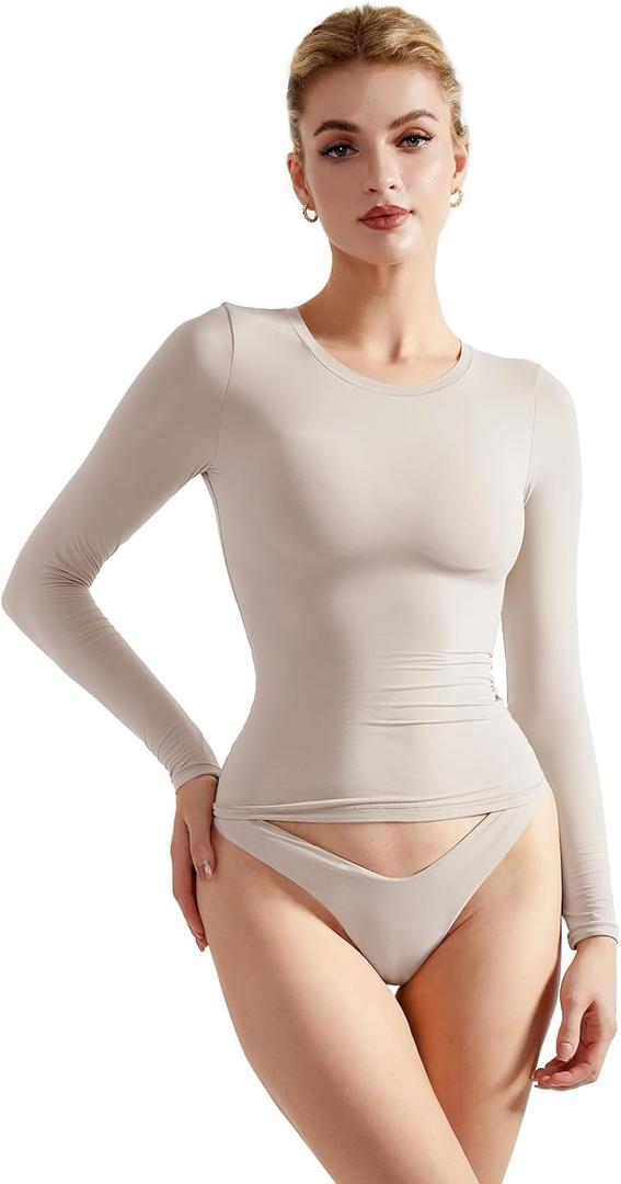 SUUKSESS Women Double Lined Fitted Basic T Shirts Crew Neck Long Sleeve Crop Top (Small)