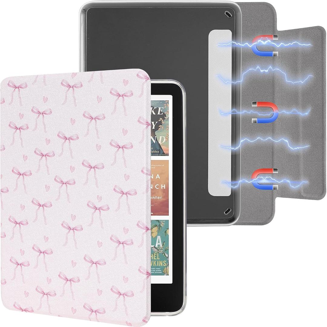 SESENSE Detachable Magnetic Case for 7'' Kindle Paperwhite 12th Gen 2024 and Kindle Colorsoft Signature Edition, Slim PU Shell Cover Case with Auto Wake/Sleep, Pink Bow Tie