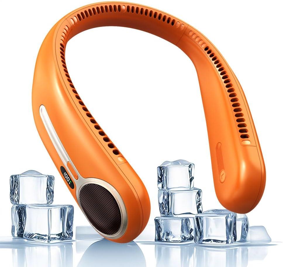 Portable Neck Fan, Personal Wearable Bladeless Fan, 6000mAh USB Rechargeable, 360° Cooling, LED Display, 4-Speeds, Hands Free Fan for Outdoor Indoor, Birthday Gifts for Men Women Dad Mom (Orange)