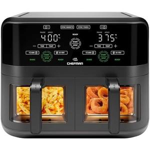 CHEFMAN 6 Quart Dual Basket Air Fryer Oven with Easy View Windows, Sync Finish, Hi-Fry, Auto Shutoff, 2 Independent 3Qt Nonstick Dishwasher Safe Frying Baskets, Digital Double Air Fryer - Black