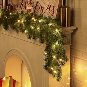 2PCS 9ft Pre-Lit Christmas Garland, Artificial Lighted Norfolk Pine Garland with Multi-Color Lights, Battery Operated Garland for Mantle Stairs Table Fireplace Xmas Decoration Outdoor & Indoor