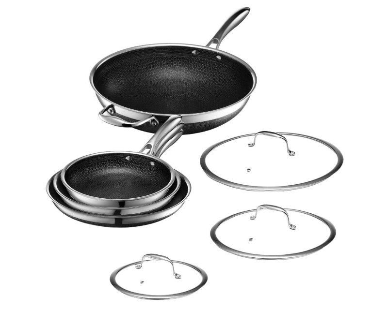 HexClad Hybrid Nonstick 7-Piece Pan Set, 8, 10, and 12-Inch Frying Pans with Tempered Glass Lids and 12-Inch Wok, Stay-Cool Handles, Dishwasher-Friendly, Induction Ready, Compatible with All Cooktops