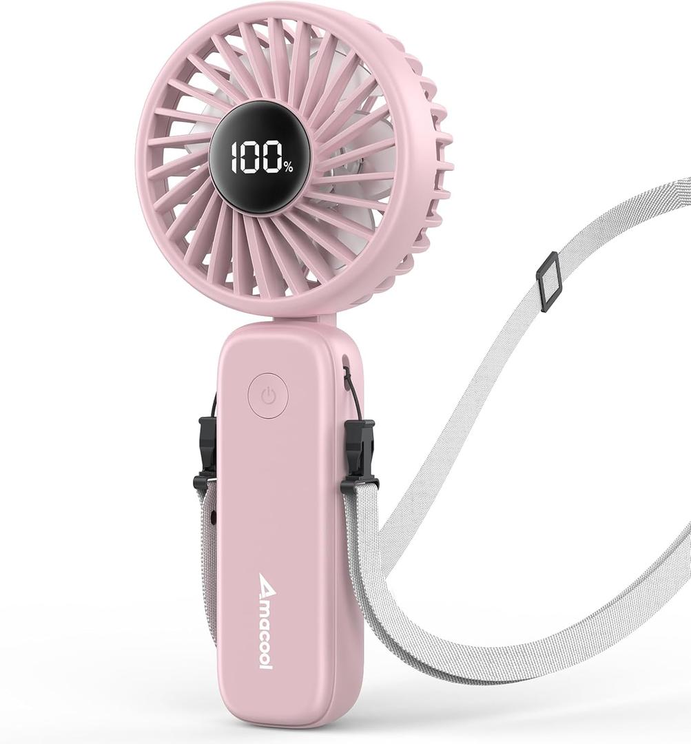 AMACOOL Handheld Fan Foldable, 5000mAh Rechargeable Hand Fans with Powerful Cooling, 4 Speeds, LED Display, Portable Fan for Travel,Concerts,Makeup,Lash,Outdoor Events,Gifts Women (Pink)