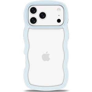 Anuck for iPhone 17 Pro Case Wavy Edge Clear Back Design, Anti-Slip Grip Cute Wave Curly Frame Shape Shockproof Soft TPU & Hard Bumper Protective Phone Case Cover for Women Girls, Light Blue