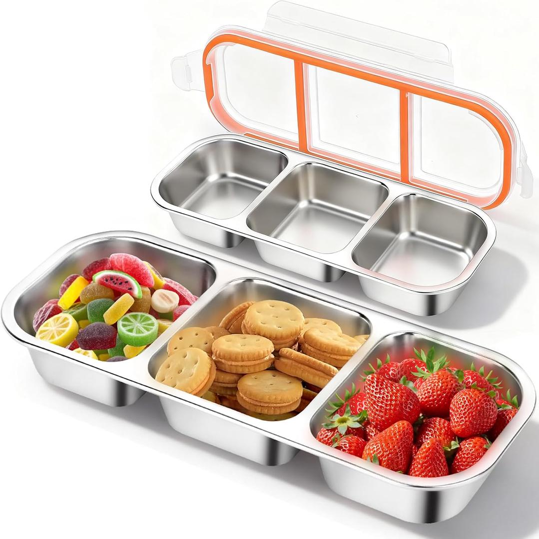 2Pack Reusable Stainless Steel Snack Containers with Leakproof Lids 3 Compartment, Stackable Metal Food Storage Lunch Boxes for Adults, Meal Prep, Travel, Office