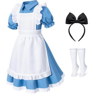 Irtysh Girl Blue Dress White Apron Halloween Cosplay Costume With Bow Hair Band Stockings Set (7-8 Years)