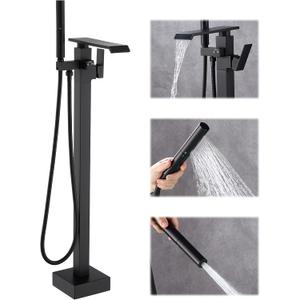 Waterfall Free Standing Tub Faucet, Floor Mount Bathroom Tub Filler Freestanding Bathtub Shower Faucets with Handheld Sprayer, Matte Black