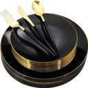 Nervure 150PCS Black Plastic Plates - Black and Gold Disposable Plates - Premium Heavyweight Gold Plastic Dinnerware with Black Silverware Ideal for Wedding & Halloween & New Year