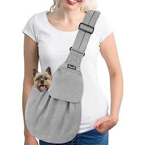 SlowTon Dog Carrier Sling - Thick Padded Shoulder Strap Adjustable Dog Carriers for Small Dogs, Puppy Carrier Purse for Pet Cat with Front Zipper Pocket Safety Belt Machine Washable (Light Gray, M)