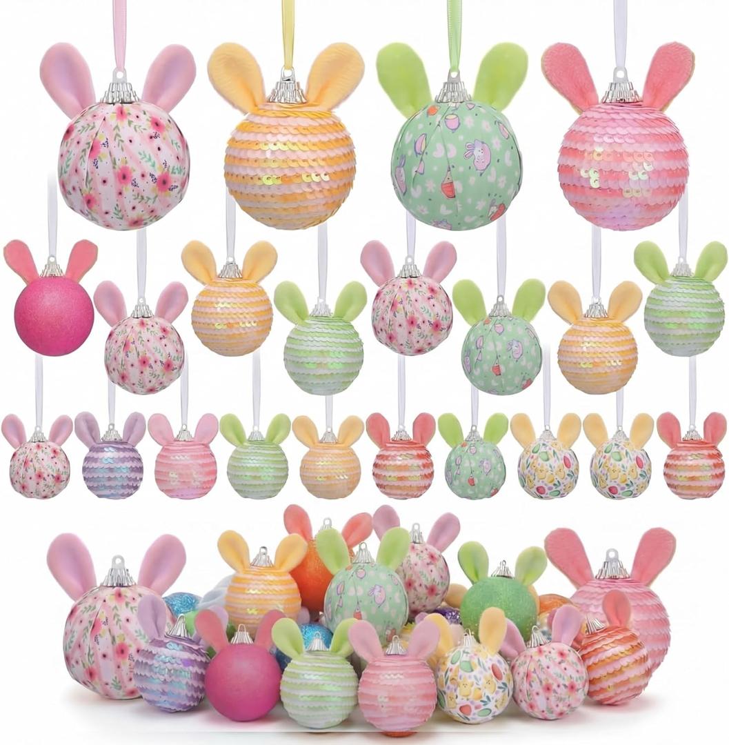 Leinuosen 24 Pcs Sequin Easter Tree Ornaments with Bunny Ear Easter Rabbit Tree Decorations Colorful Glitter Hanging Ball Ornaments for Home Indoor Birthday Party DIY Crafts(Mixed,Stylish)