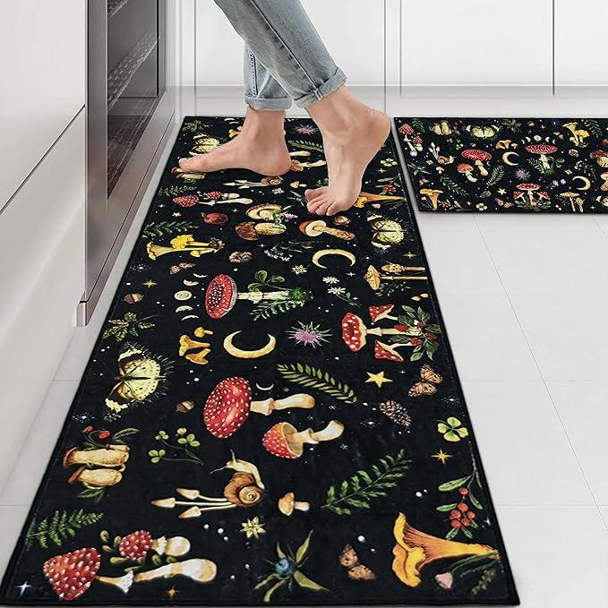 Zussun Mushroom Rug Kitchen Mats for Floor Kitchen Rugs Non Slip Washable Sets of 2 Black Butterfly Floral Plant Low Pile Stain Resistant Waterproof Floor Standing Mat for Office Laundry Sink Desk, 2 Rugs 3'x2' And 5'x2'