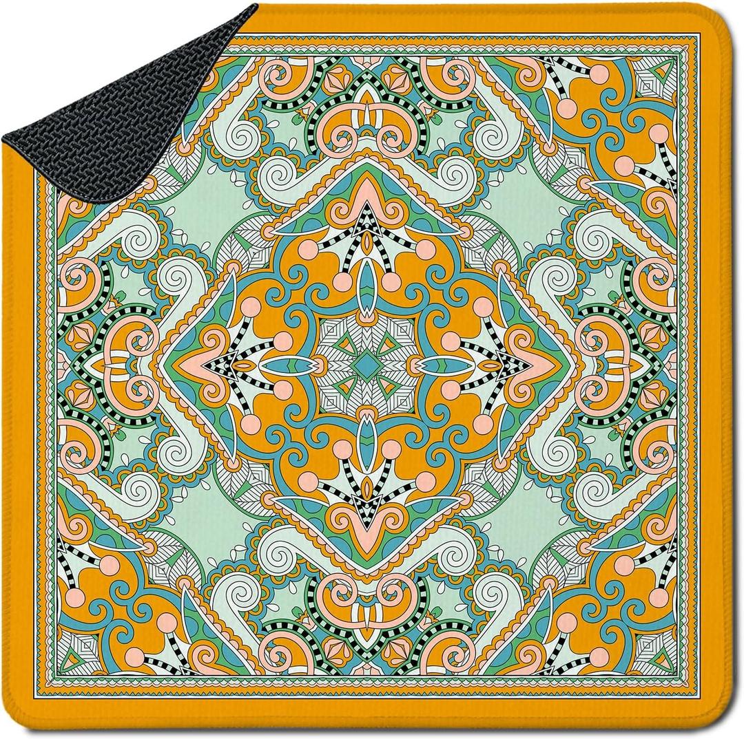 Boho Orange Abstract Mahjong Mat for Table(31.5" x 31.5"), Folk Art Paisley Floral Inspired Non-Slip Noise Reduction Mahjong Table Cover for Card Board Tile Games Poker Dominoes