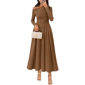 MEROKEETY Women's Fall Long Sleeve Wedding Guest Dresses 2025 One Shoulder Elegant Formal Pleated Midi Maxi Dress (Brown) X-Large