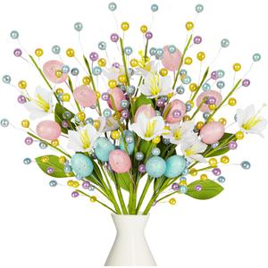 6PCS Easter Decorations Eggs Picks - Spring Artificial Floral Stems with Beads Decor for Home Vase Filler Table Centerpiece
