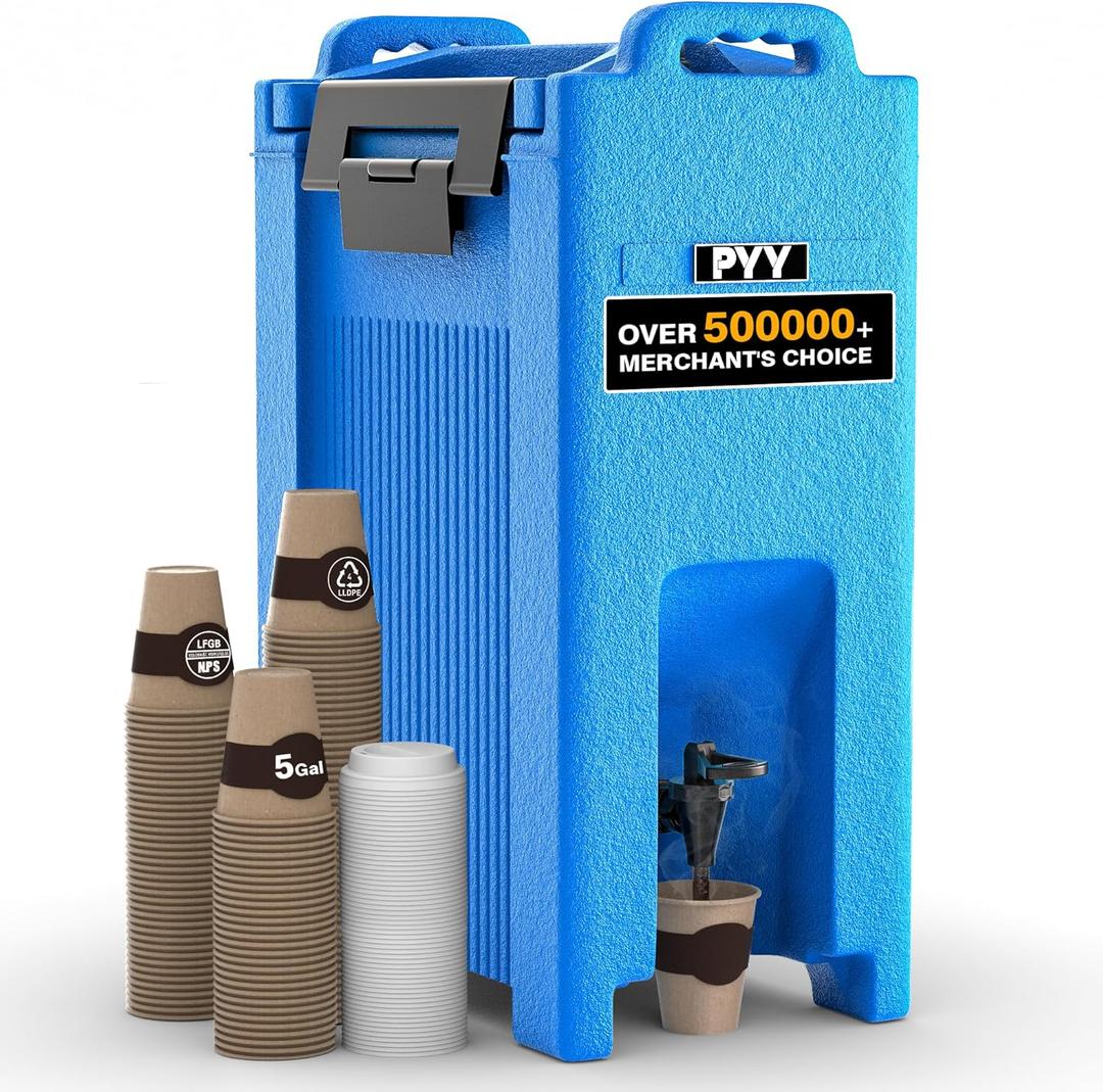 PYY Insulated Beverage Dispenser 5 Gallon, Hot and Cold Drink Water Coffee Carrier with Spigot Handle and Stand, Commercial Thermal Container for Chocolate Cocoa Iced Juice Tea Milk Restaurant Party (Blue)