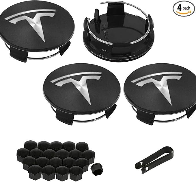 4 Pack Exterior Decoration Wheel Center Cover for Tesla Model 3 Model Y,56mm Hubcaps Wheel Rim Cover Tesla Center Caps Hubcaps+20 Black Lug Nut Covers (Matte Black+Silver Emblem)