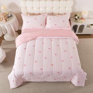 qjmiaofang Pink Bow Bedding Twin 5 Pieces Cute Bow Comforter Set for Kids Girls Bed in A Bag Princess Rainbow Bed Set with Sheets Soft Microfiber Kawaii Bowknot Bed Set with Pillowcases for Home