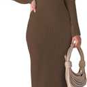 RAISECOM Womens Ribbed Knit Maxi Dresses Long Sleeve V Neck Casual Sweater Dress Bodycon Midi Dress (Brown), XL