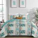 WONGS BEDDING Summer Quilt Set Queen Size 3 Pieces, Teal Patchwork Plaid Bedspread Coverlet Set, Floral Soft Lightweight Microfiber Bedding Set for All Season(96"90)