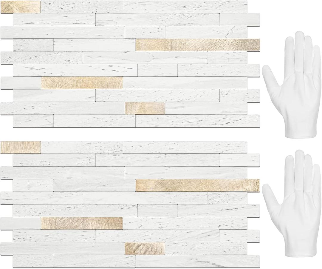 STICKGOO 20 Sheets Peel and Stick Backsplash Tile, Stick on Backsplash for Kitchen and Bathroom, White Sandstone Look PVC Mixed Metal Gold Self Adhesive Wall Tiles