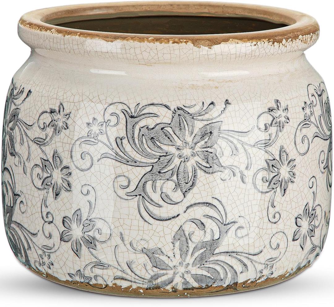 Ninehaoou 7.7" Large Vintage Ceramic Plant Pot with Baroque Floral Pattern Beige Gray Rustic Planter with Ice Crackle Glaze & Drainage Hole for Indoor Outdoor Plants Home Office Kitchen Decor Gift