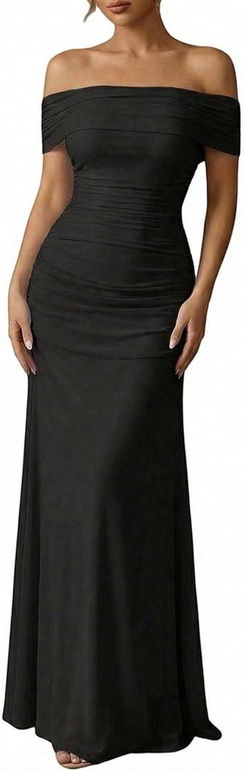 OYOANGLE Women's Off the Shoulder Maxi Dress Short Sleeve Elegant Ruched Party Wedding Guest Dresses (Black, Medium)