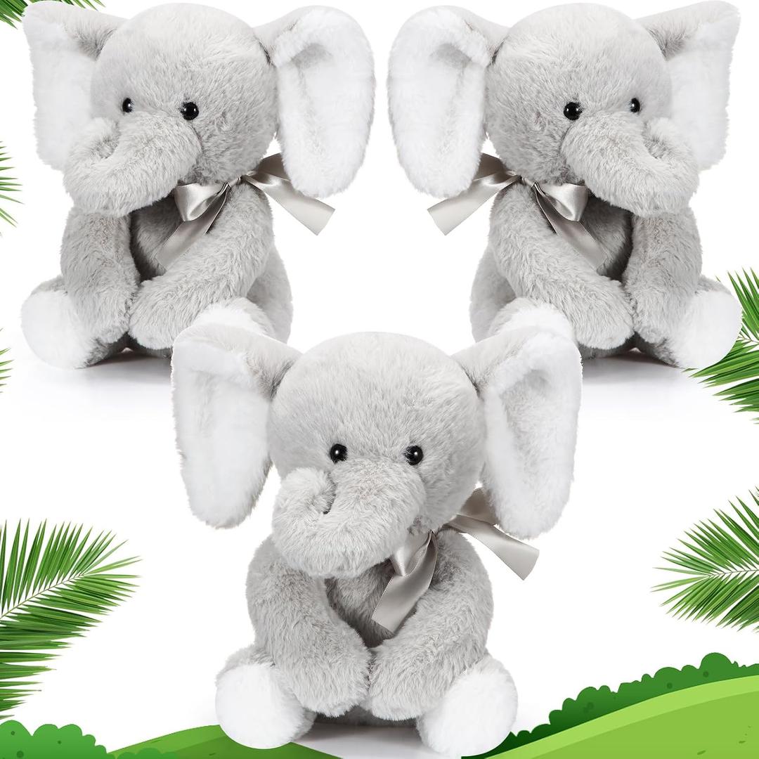 Jenaai 3 Pcs 10 Inch Gray Plush Elephant Stuffed Animal Toy Soft Cute Forest Animals for Valentine's Day Baby Shower Boys Girls Elephant Themed Birthday Party Supplies