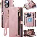 Defencase for iPhone 16 Pro Magnetic Wallet Case Compatible with Magsafe with RFID Blocking Zipper Strap Card Holder for Women Men PU Leather Detachable Case for iPhone 16 Pro (6.3 inches), Rose Pink