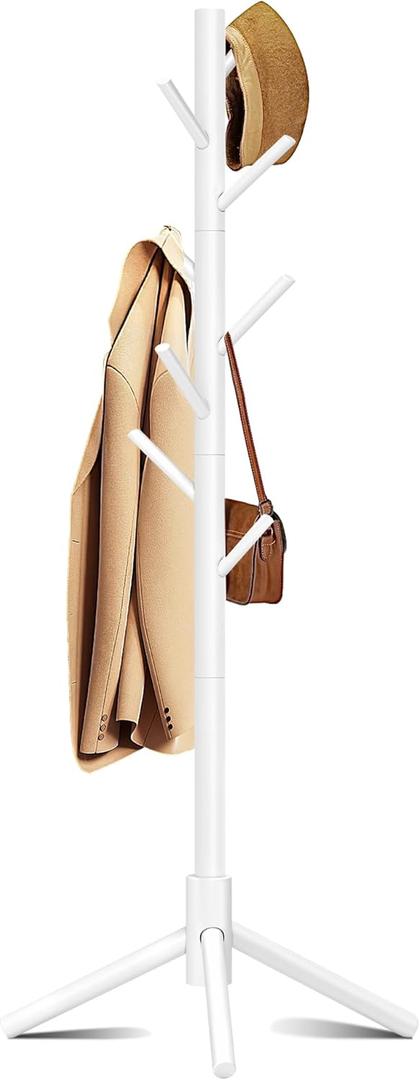 Wooden Coat Rack, Free Standing Coat Rack with 8 Hooks 3 Adjustable Heights for Clothes, Hats, Handbags, Coat Tree Easy Assembly for Entryway, Bedroom, Hallway, Office (New White) (1PC)