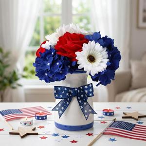 8 Pcs Red White Blue Artificial Flower Patriotic Decoration 4th of July Flower 250th Anniversary Table Centerpiece Rose Hydrangea Daisy for Memorial Independence Day Home Office Table Decor