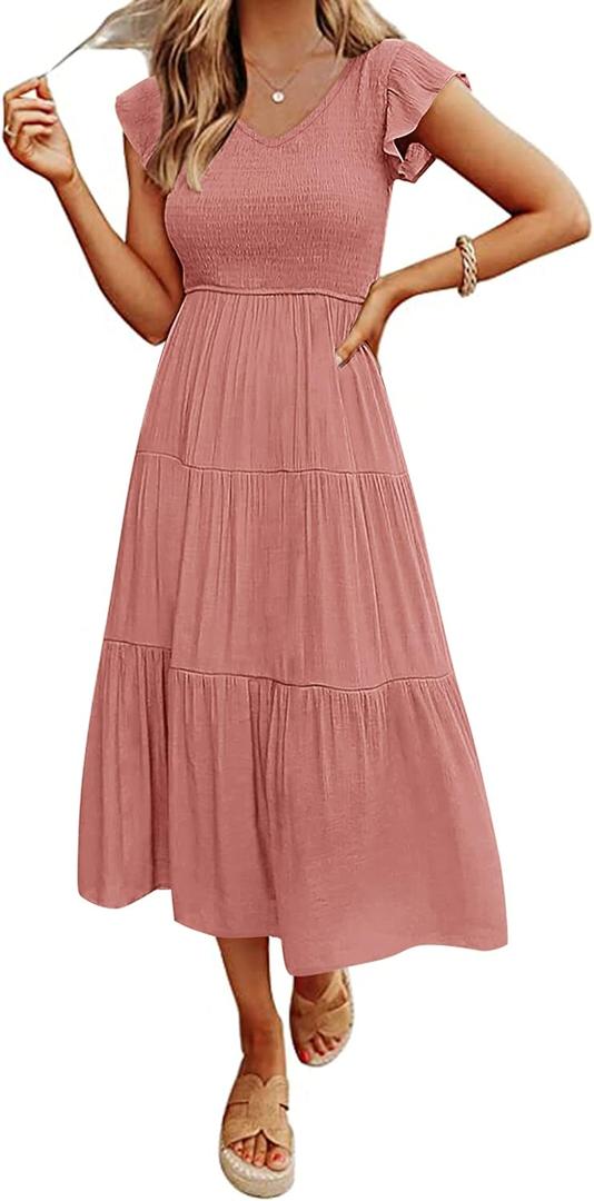 MEROKEETY Women's Summer 2026 Casual Midi Dress Flutter Sleeve V Neck Smocked Tiered Beach Vacation Dresses (Large, Dusty Pink)