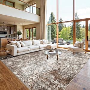 12x12 Square Living Room Rug – Modern Abstract Neutral Extra Large Washable Non-Slip Low-Pile Indoor Carpet for Bedroom, Dining Room, Playroom (Brown Beige,12x12)